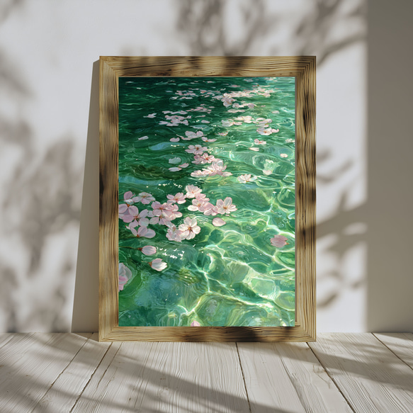 水面に舞う桜｜透明感あふれる春の水彩アート｜癒しのインテリア