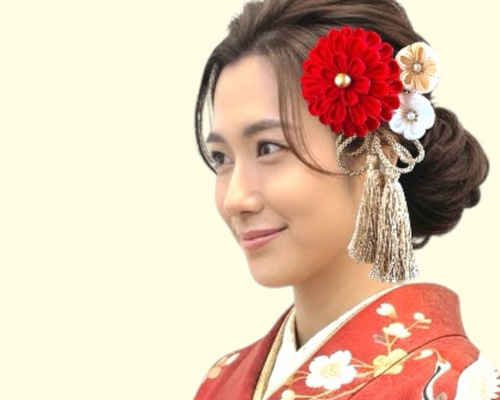 成人式・卒業式・結婚式】赤い大輪つまみ細工の髪飾り｜4点セット