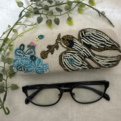 ハンドメイド♡メガネケース♡綿麻黒リーフ刺繍生地♡普通タイプ