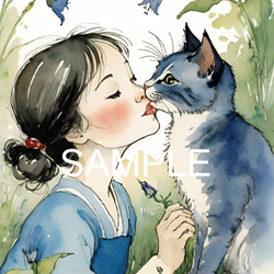 浜辺で海の夕陽を見ている少女と猫(オリジナルイラスト)A4 №s-8147