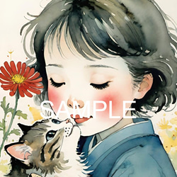 港で船と海の夕陽を見ている少女と猫(オリジナルイラスト)A4 №s-16923