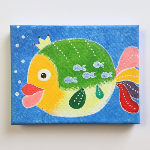【一点物】ゆるかわキャラクター キャンバスアート 原画ハンドメイド 癒しイラスト 原画『心まかせ』キャンバス(F0号) 可愛い魚 カラフル ユニーク