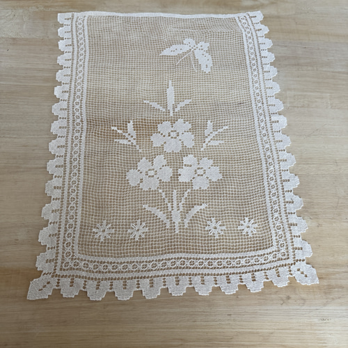 vintage レース編みエプロン アイボリー ハンドメイド ヴィンテージ フィレレース 花と蝶コットン エプロン レース