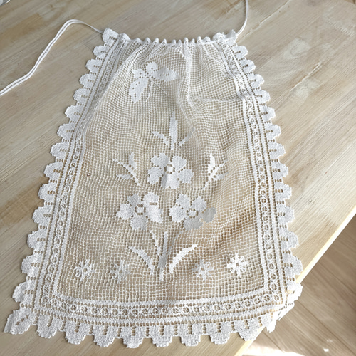 vintage レース編みエプロン アイボリー ハンドメイド ヴィンテージ フィレレース 花と蝶コットン エプロン レース