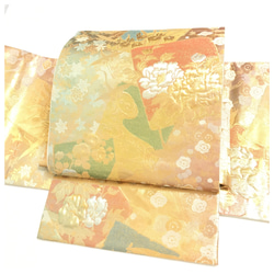 正絹 作り帯 二部式 二重太鼓 袋帯 金茶から若草色へ 四季折々の草花