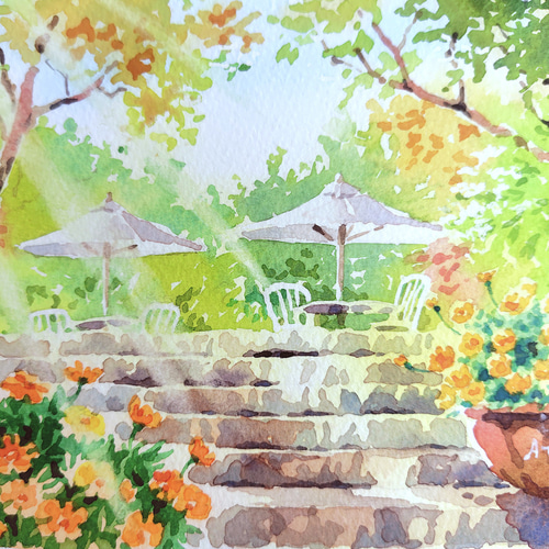 原画】光の庭でのティータイム - 柔らかな午後の時間の水彩画・額入り