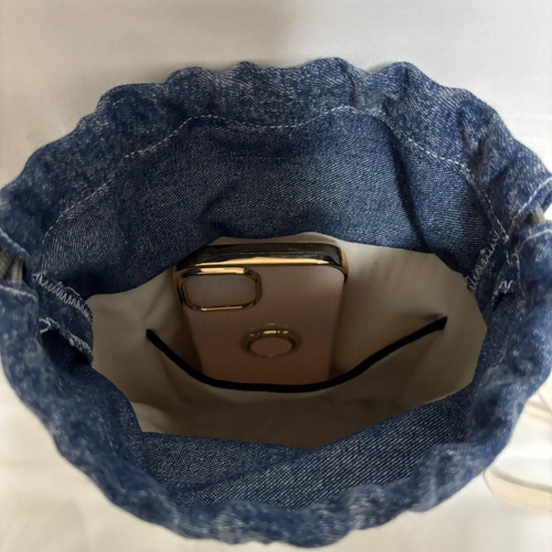 ショルダーバッグ デニムリメイク 巾着バッグ グリーンデニム