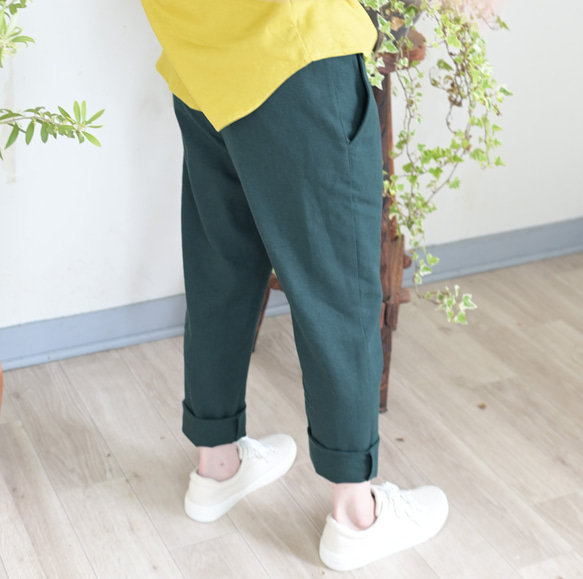 【新色】ベーシックデザイン リネンパンツ：ディープグリーン 10枚目の画像