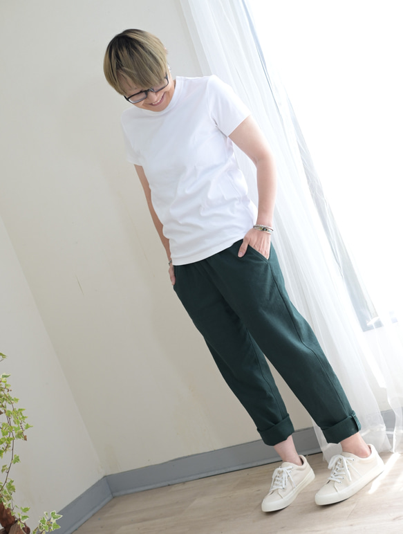 【新色】ベーシックデザイン リネンパンツ：ディープグリーン 4枚目の画像