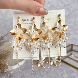 クリアゴールド花びら パール W華奢チェーン《ピアス/イヤリング
