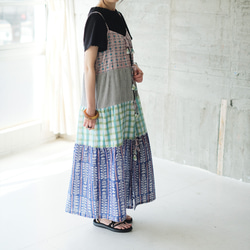 フリーダ パーツ刺繍ワンピース マキシ丈 グリーン パッチワーク ハンドメイド 夏の思い出に映える♪ブロックプリントのパッチワークワンピース（26s