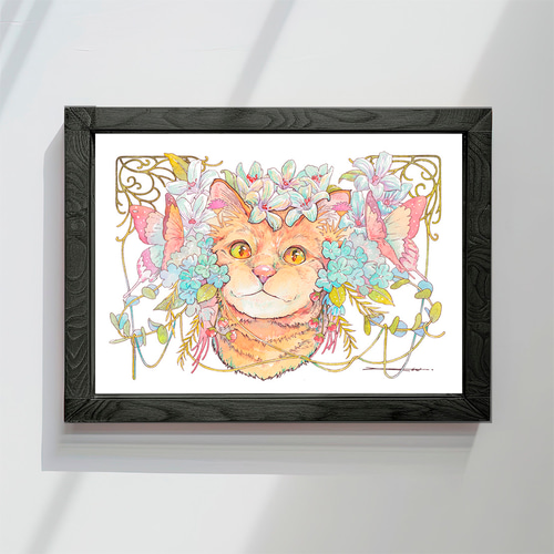 猫と花飾り_水彩原画_イラスト イラスト n.akabae 通販 20756335