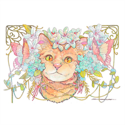 猫と花飾り_水彩原画_イラスト イラスト n.akabae 通販 20756335