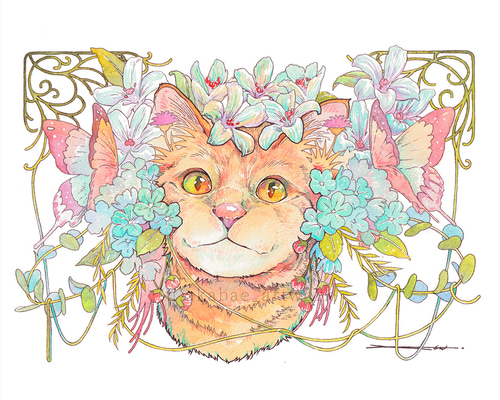 猫と花飾り_水彩原画_イラスト イラスト n.akabae 通販 20756335