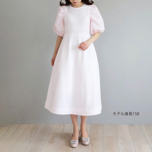 ジョリーミニョン　極美品　ホールガーメント異素材パフスリーブワンピース　パール付 快適な着心地◎】ホールガーメント 異素材パフスリーブワンピース