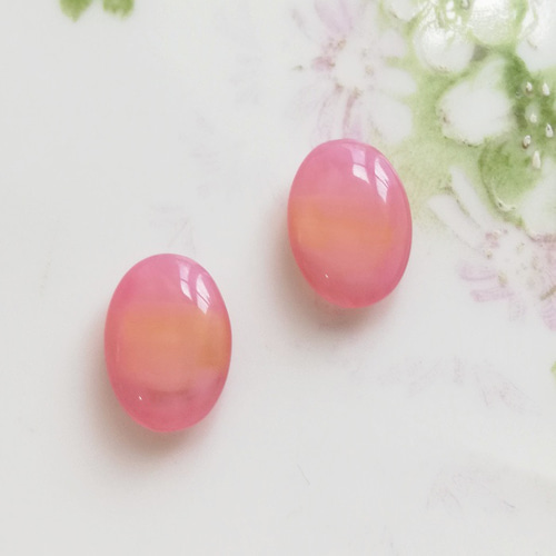 5,コーラルピンクの花柄ガラスカボッションビンテージ素材7個 1個】ヴィンテージ ミルキーピンク＆オレンジ メロン ガラス