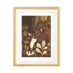 額装絵画【六切】太陽と花の猫 ※フレーム色変更可（白、ナチュラル、黒