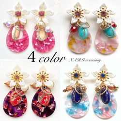 ランダムホワイトフラワー パール ハンドメイドピアス イヤリング
