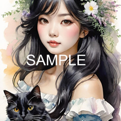 少女と猫と薊(アザミ)の花(オリジナルイラスト)A4 №s-9031 絵画