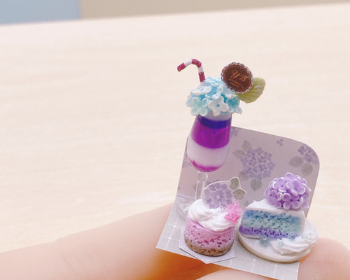 ミニチュア 雨の日紫陽花ケーキセット 紫陽花 ミニチュアスイーツ