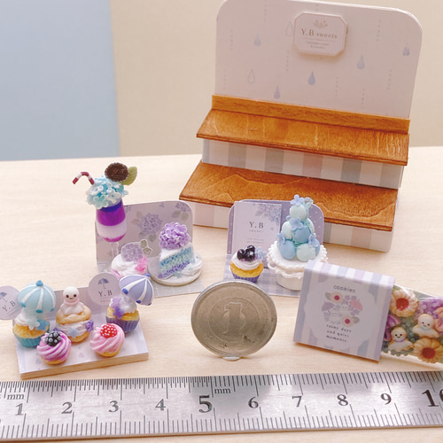 ミニチュア 雨の日紫陽花ケーキセット 紫陽花 ミニチュアスイーツ