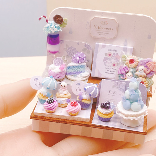 ミニチュア 雨の日紫陽花ケーキセット 紫陽花 ミニチュアスイーツ