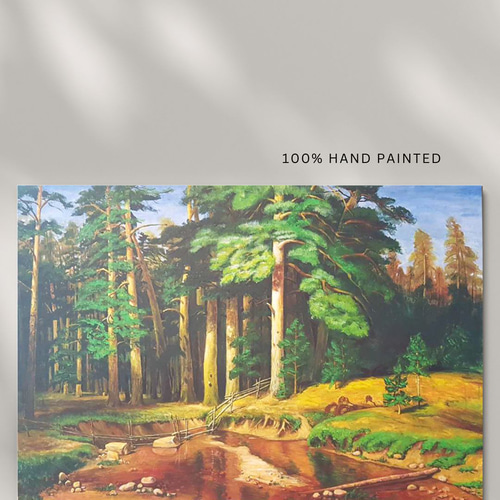 手描き風景画】ロシアの田園風景 / 川辺の家 / アクリル画
