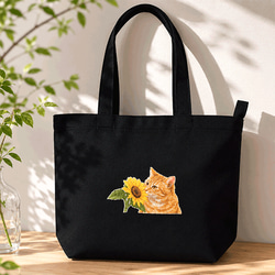 ハチワレ猫のワンポイント刺繍 ポケット付き コットン ミニトート