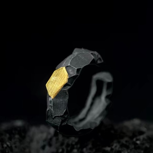 24K金× 燻し黒銀 岩肌イヤーカフ｜999純銀｜刻印対応｜一点物風送料
