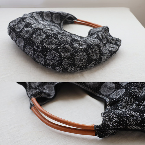 送料無料 黒リネン生地に木綿白糸を刺し子 刺繍 丸模様 ドット 水玉