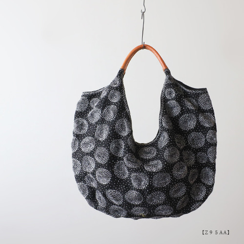 和装用バッグ 黒 丸模様刺繍 送料無料 黒リネン生地に木綿白糸を刺し子 刺繍 丸模様 ドット 水玉