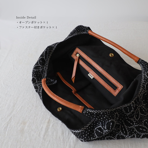 送料無料 黒リネン生地に木綿白糸を刺し子 刺繍 丸模様 ドット 水玉