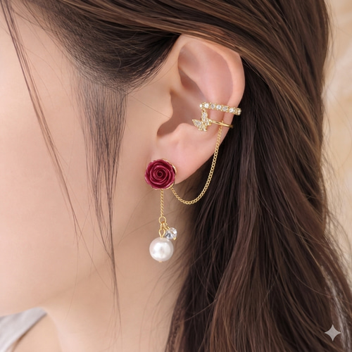 薔薇とジルコニアが輝くチェーンイヤーカフピアス／イヤリング