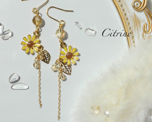 和風ピアス　ロゼ(まー) ⑥ ツイスト　天然石　花魁 天然石シトリン〜ひまわりピアス ピアス（フック・チェーン） るなたま