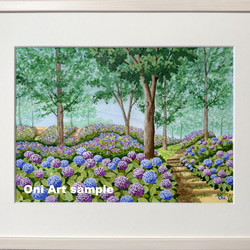 エーゲ海とブーゲンビリア05」透明水彩画 原画 風景画 額縁付 SMサイズ