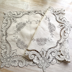 リネン 刺繍レースクッションカバー 鳥と花モチーフ 白糸刺繍 カット