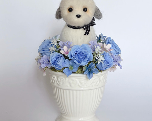 犬ｵｰﾀﾞｰﾒｲﾄﾞ】ワンコのプリザーブドフラワーアレンジメント ブルー 犬