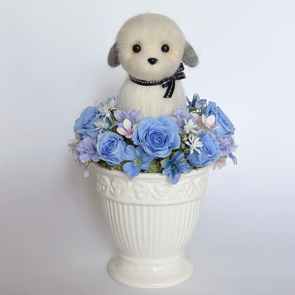 犬ｵｰﾀﾞｰﾒｲﾄﾞ】ワンコのプリザーブドフラワーアレンジメント ブルー 犬
