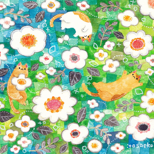 植物 ハンドメイド絵画 絵画「新しく始める花とネコたち」 絵画 伊藤彩恵子 通販 20836969