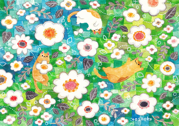 額絵　ハンドメイド 絵画「新しく始める花とネコたち」 絵画 伊藤彩恵子 通販 20836969