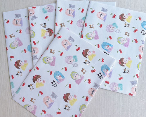 専用出品ステンシルハウス柄ラッピング平袋（ハンドメイド）B5サイズ50枚2-1 大きめサイズ】レトロPOP平紙袋 5枚セット（サクランボ柄） 高級上質紙