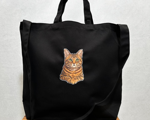 激レアねこパネル生地　ハンドメイド　ミニバック　まちなしバッグ　フラットポーチ リアル猫のプリント刺繍 小さい内ポケット付き キャンバス 2WAY