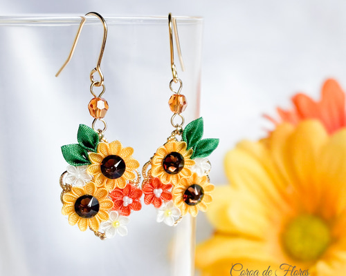 ひまわりの花束ピアス/イヤリング つまみ細工 正絹羽二重 シルク