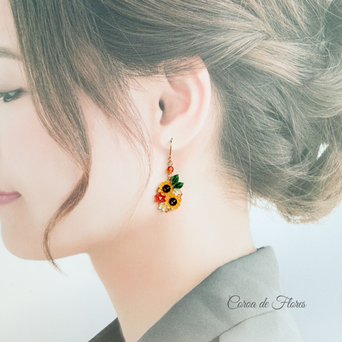 ひまわりの花束ピアス/イヤリング つまみ細工 正絹羽二重 シルク