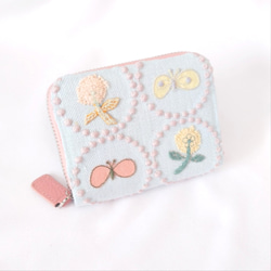 受注】刺繍2 お札の折れない二つ折り財布 イエロー×ライトブルー