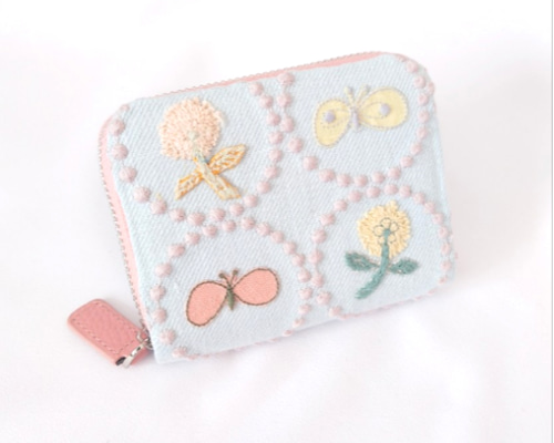 受注製作】刺繍5つ お札の折れない二つ折り財布 じゃばらミニ財布