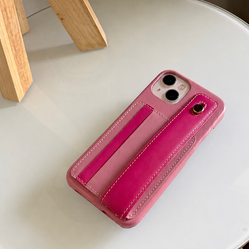 名入れ可 本革 レザー カード収納 ハンド付き レザーiphoneケース pink