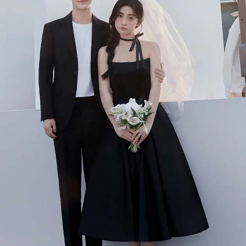 高級感 パーティードレス 黒 サテン ロングドレス シンプル韓国風 花嫁