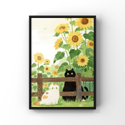 絵画。壁掛け原画【ピアノ部屋で音楽を聴くのが好きなかわいい黒猫
