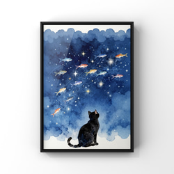 絵画。壁掛け原画【ピアノ部屋で音楽を聴くのが好きなかわいい黒猫
